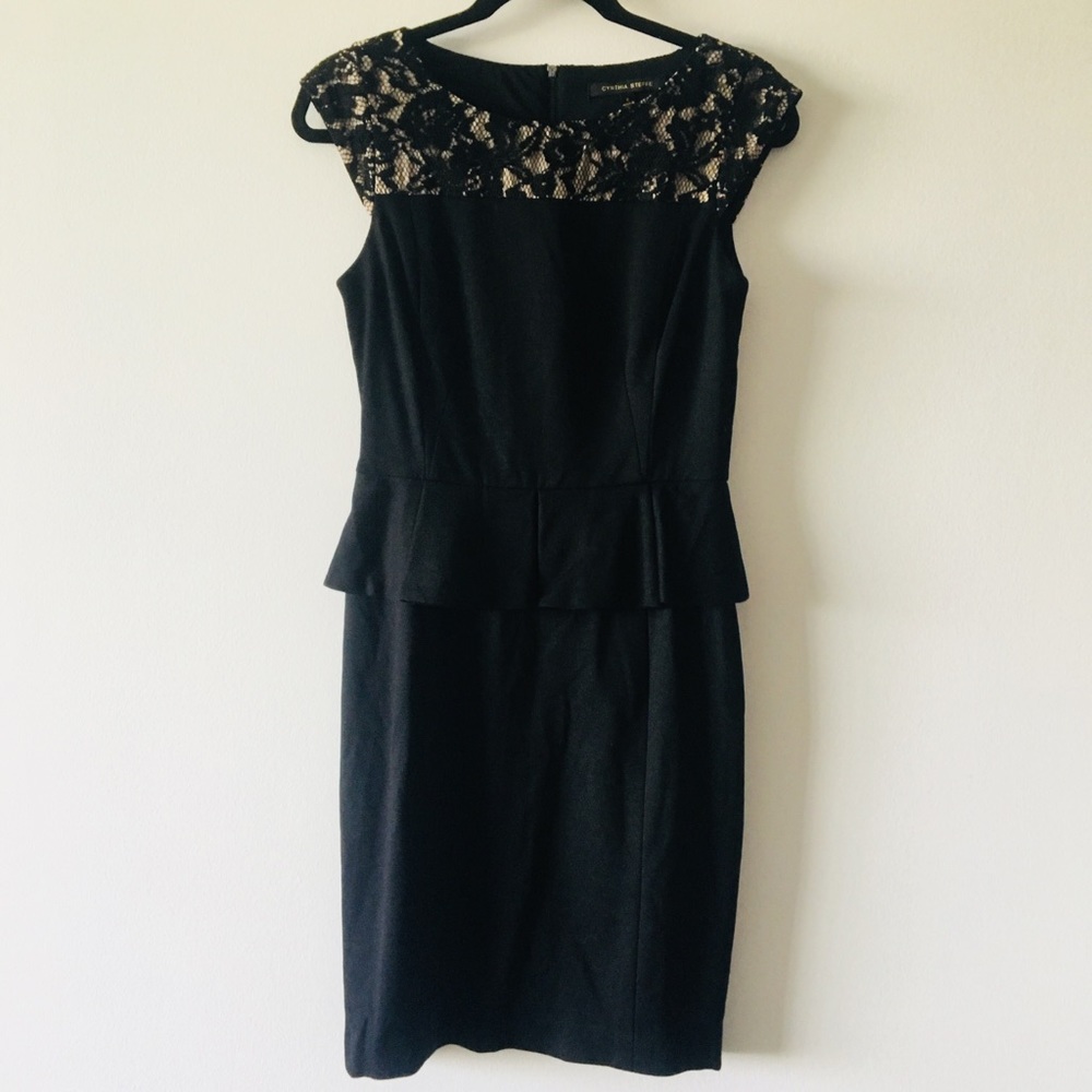 Cynthia Steffe Black peplum Dress with lace yoke